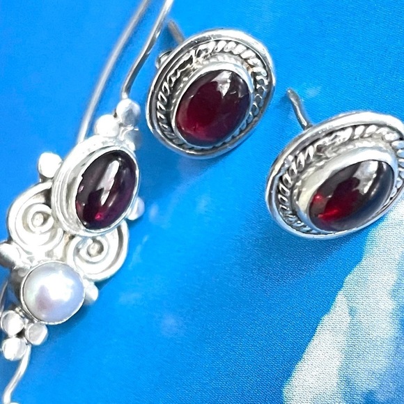 STERLING SILVER 925 MULTI GEMS EARRINGS PEARL GARNET BALI STUD & EARRINGS - Picture 2 of 7